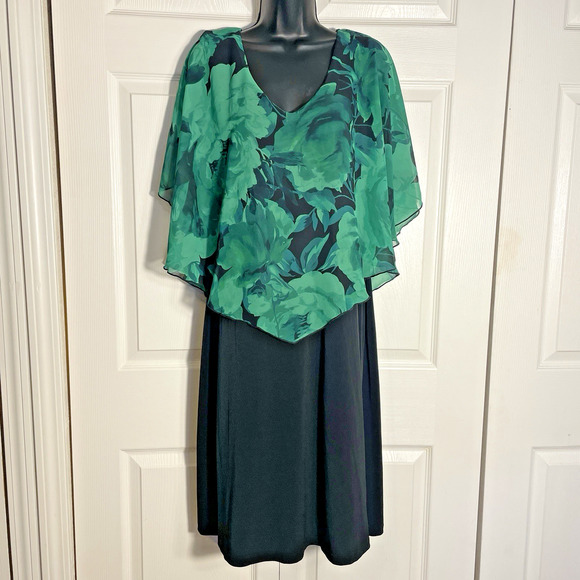 Vintage Y2K Connected Apparel Dress Women 14 Black Sleeveless Green Floral Drape - Picture 1 of 9